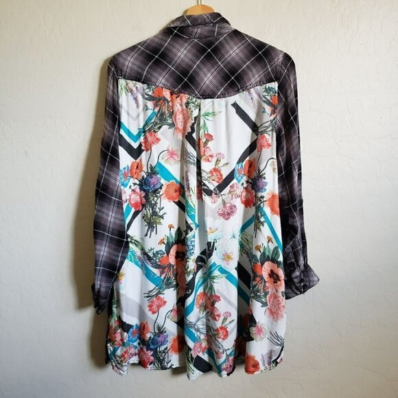 Tolani Collection Plaid Tunic Top Floral Print Back Button Up Sz Women's 1X Plus - Picture 4 of 12